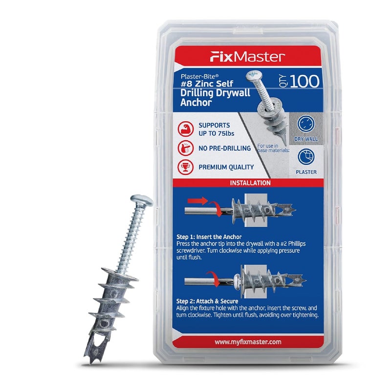 FixMaster Zinc Plaster Bite Self-Drilling Drywall Anchors w/Screws (100 Anchors & 100 Screws) – Heavy Duty Zinc Hollow Wall Anchor Kit for 3/8", 1/2", 5/8" Drywall – 75 lbs Holding Strength - Image 1